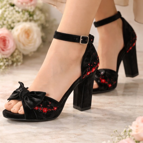T.U.K Shoes - T.U.K Black Velvet Heels with Bow Accent